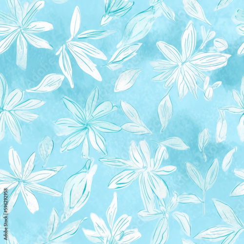 Delicate blue floral watercolor seamless pattern. Generative AI background