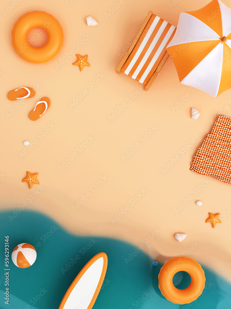 summer beach with beach accessories ready for summer vacation. summer vacation concept. Creative travel concept idea with copy space. illustration banner 3d rendering illustration summer beach with beach accessories ready for summer vacation. summer vacation concept. Creative travel concept idea with copy space. illustration banner 3d rendering illustration