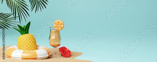 Summer beach vacation. pineapple in swimming ring with orange juice and hibiscus flower. Creative travel concept idea with copy space. illustration banner 3d rendering illustration