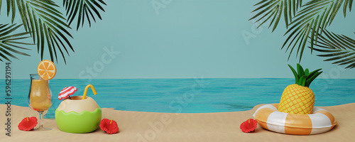 Summer beach vacation. pineapple in swimming ring with orange juice, coconut and hibiscus flower. Creative travel concept idea with copy space. illustration banner 3d rendering illustration