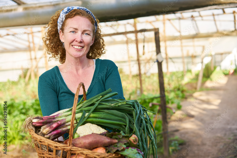 Smiling farmer holding fresh vegetables basket in farm Stock Photo ...