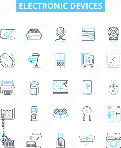 Electronic devices vector line icons set. Electronics, Devices, Digital, Components, Computers, Tablets, Phones illustration outline concept symbols and signs