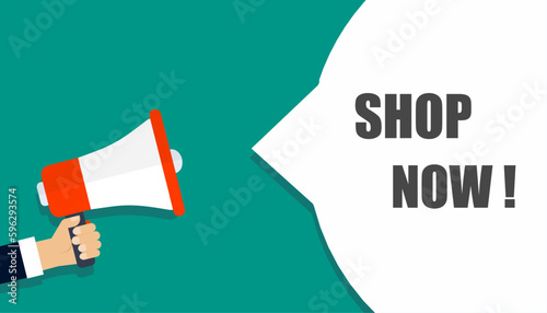 Hands holding megaphone and shop now speech bubble. Vector illustration. © Abay