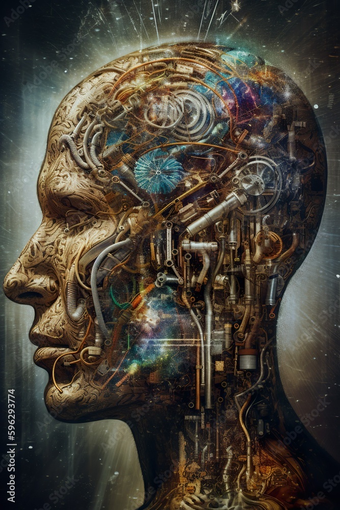 Symbiosis - fusion of an AI machine and a human living in one body and sharing a mind. The mood conveys a sense of wonder, curiosity, and the potential benefits of responsible AI-human collaboration.