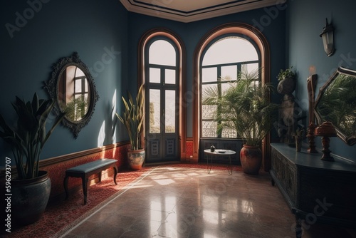 Upscale Spain-style interior w/ blue-gray curved walls & botanicals. Generative AI © Eudora
