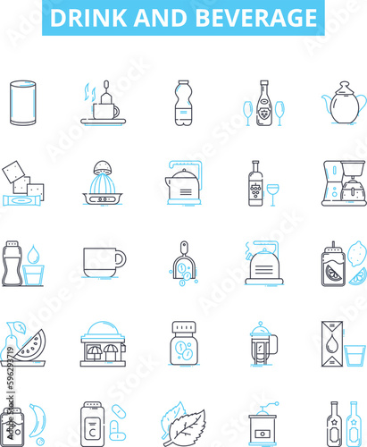 Drink and beverage vector line icons set. Drink, Beverage, Juice, Coffee, Tea, Beer, Wine illustration outline concept symbols and signs
