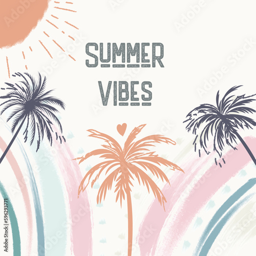 Cute vector tropical retro poster design with palms and rainbow, summer vibes