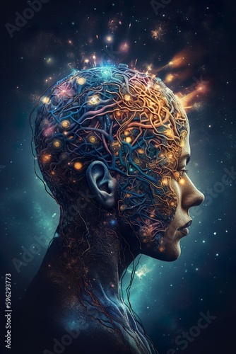 Symbiosis - fusion of an AI machine and a human living in one body and sharing a mind. The mood conveys a sense of wonder, curiosity, and the potential benefits of responsible AI-human collaboration.