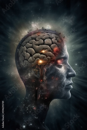 Symbiosis - fusion of an AI machine and a human living in one body and sharing a mind. The mood conveys a sense of wonder, curiosity, and the potential benefits of responsible AI-human collaboration.