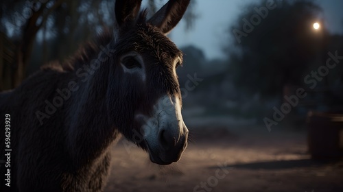 Curious donkey looking at the camera, horizontal format 16:9. Generative AI