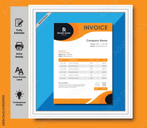 Minimal Corporate Business Invoice design template vector illustration bill form price invoice. Creative invoice template vector. business stationery design payment agreement design template
