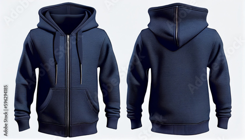 Zip-up Hoodie print mockup, 3d render, Blue color Front and back, copy space, Generative AI