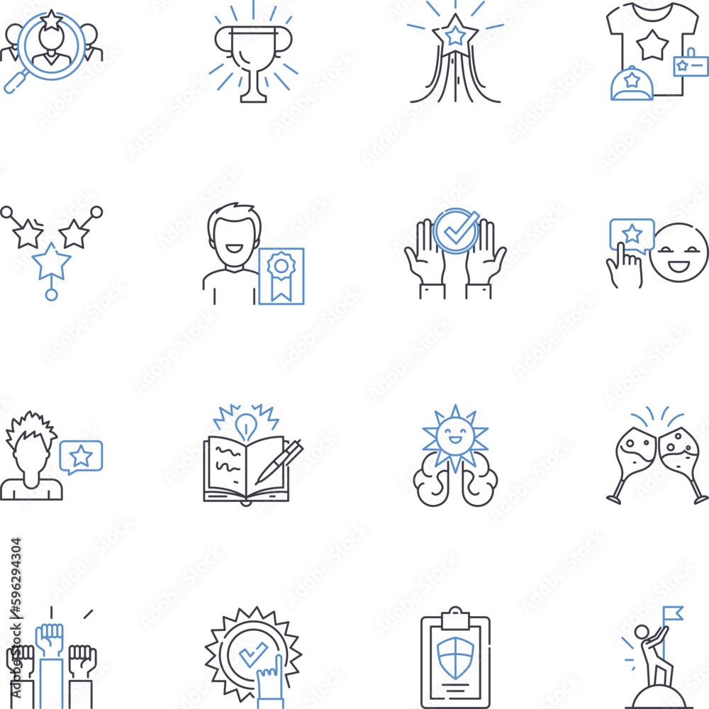 Naklejka premium Greatness line icons collection. Excellence, Achieve, Success, Remarkable, Magnanimous, Extraordinary, Mastery vector and linear illustration. Brilliance,Perfection,Triumph outline signs set