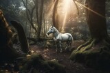 A mythical unicorn in a magical forest of wonderland. Generative AI