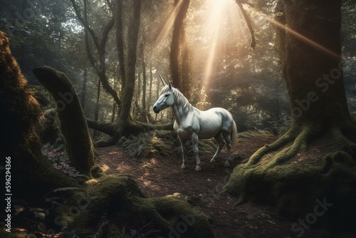 A mythical unicorn in a magical forest of wonderland. Generative AI
