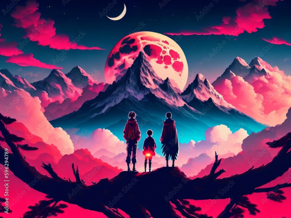 Fototapeta premium Mountain and clouds digital wallpaper, two anime character standing on wood branch facing mountain and red moon illustration