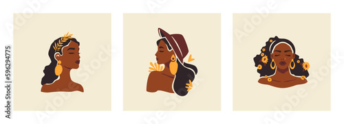 Elegant African woman portrait fashion hat summer flower boho chic hand drawn paint set vector flat illustration