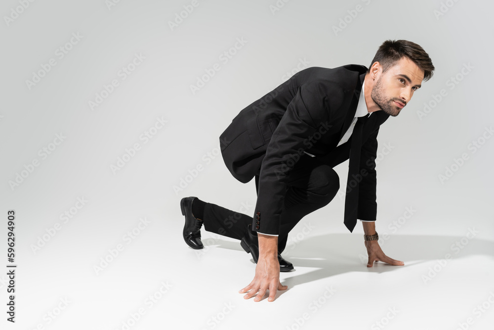 full length of young bearded businessman in stylish formal wear standing in low start position on grey background. full length of young bearded businessman in stylish formal wear standing in low start position on grey background.