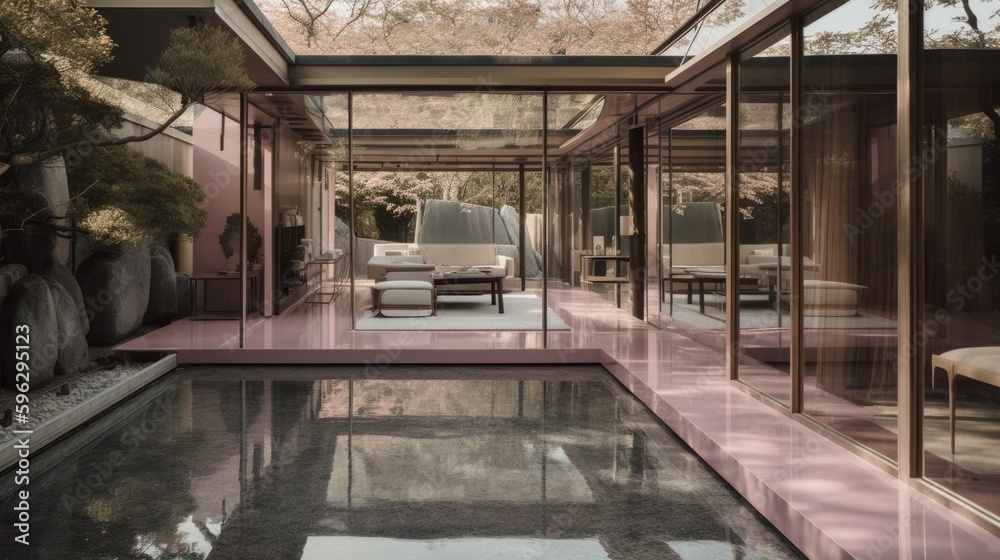 Transparent luxury house full of windows with pink and rose gold decor, so that you never feel closed in. Generative AI Technology Transparent luxury house full of windows with pink and rose gold decor, so that you never feel closed in. Generative AI Technology