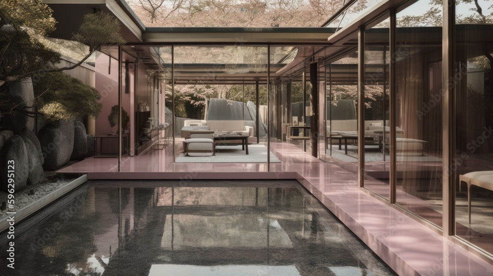 Transparent luxury house full of windows with pink and rose gold decor, so that you never feel closed in. Generative AI Technology 