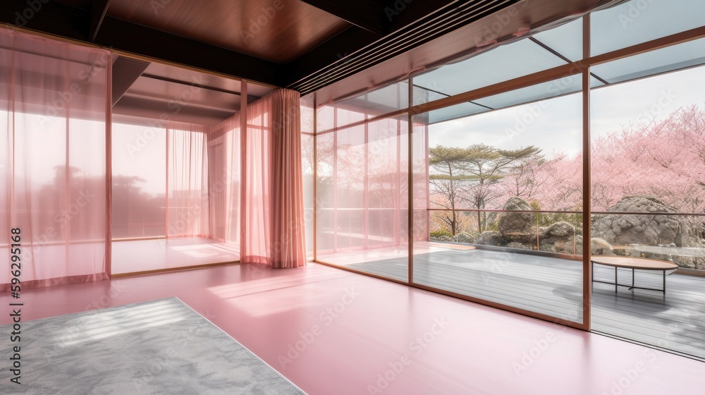 Obraz premium Transparent luxury house full of windows with pink and rose gold decor, so that you never feel closed in. Generative AI Technology 