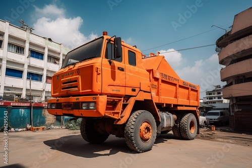 Large orange construction truck in lot, inspired by modular constructivism, highlighting angular design & geometry. generative ai photo