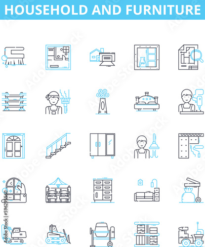 Household and furniture vector line icons set. Furniture, Sofa, Chair, Table, Couch, Shelves, Beds illustration outline concept symbols and signs