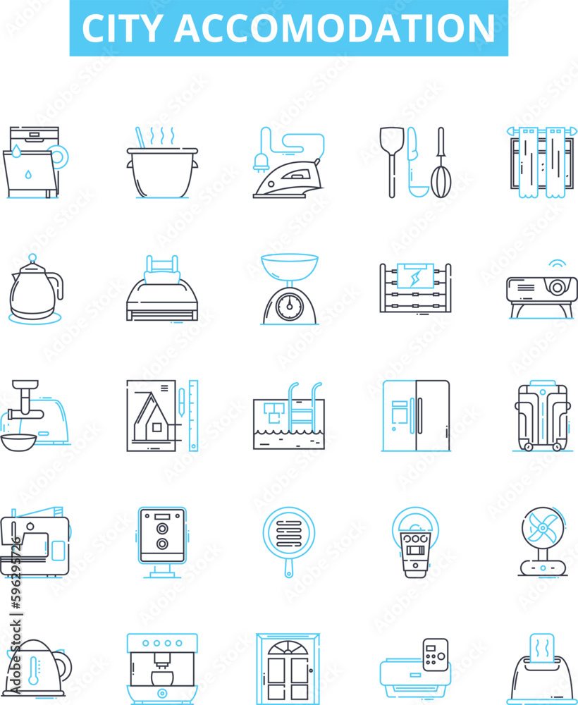 City accomodation vector line icons set. Urban, lodging, housing, habitation, flat, abode, suite illustration outline concept symbols and signs City accomodation vector line icons set. Urban, lodging, housing, habitation, flat, abode, suite illustration outline concept symbols and signs