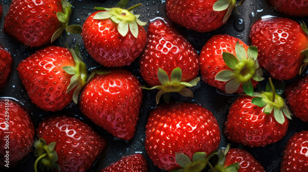 Fototapeta premium Strawberries with water drops on a black background. Top view. 