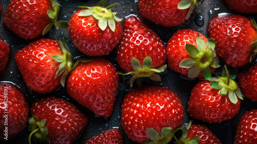 Strawberries with water drops on a black background. Top view. 