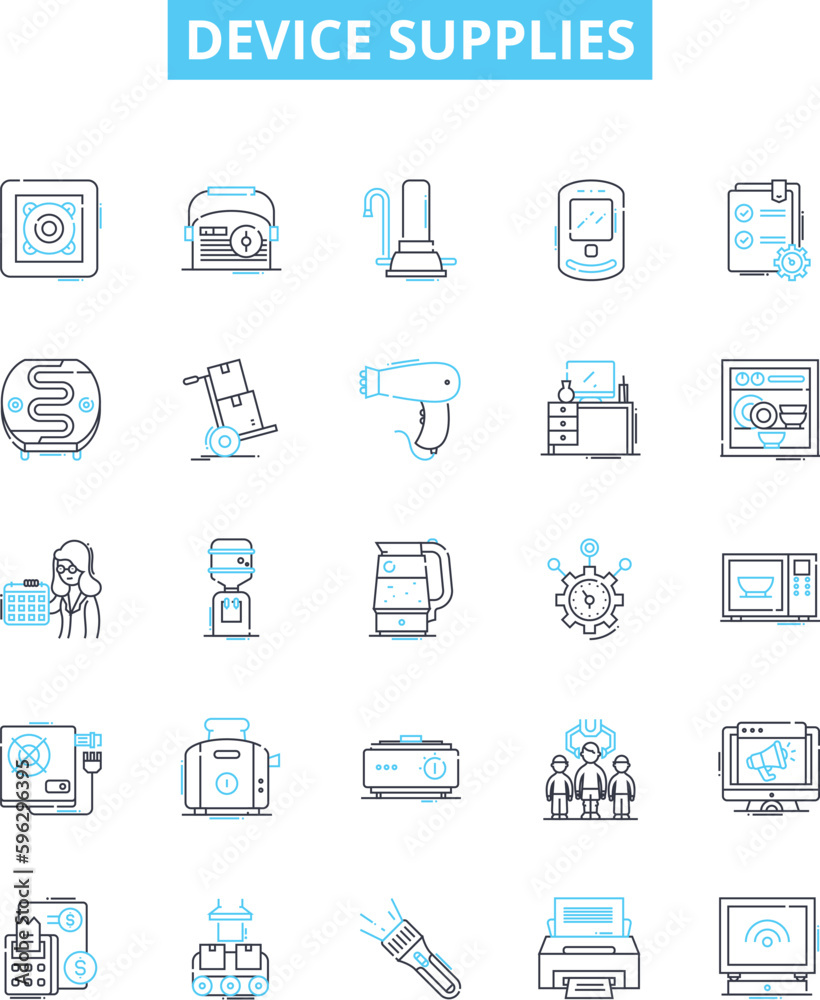Device supplies vector line icons set. Device, Supplies, Accessories, Gadgets, Items, Parts, Components illustration outline concept symbols and signs