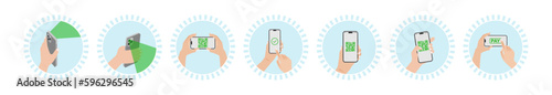 Hand holding mobile smart phone with mobile payment app icon. Successful completion of ePayment. Hand drawn style vector design illustrations.