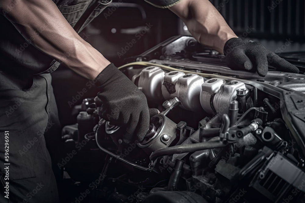 Auto mechanic working on car broken engine in mechanics service or garage Auto mechanic working on car broken engine in mechanics service or garage