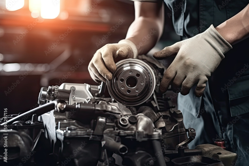Fototapeta premium Auto mechanic working on car broken engine in mechanics service or garage
