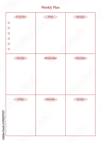 A weekly plan design template in a modern, simple, and minimalist style. Note, scheduler, diary, calendar, planner document template illustration.