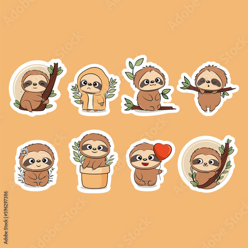 Cute sloths sticker pack in cartoon style. Vector illustration.