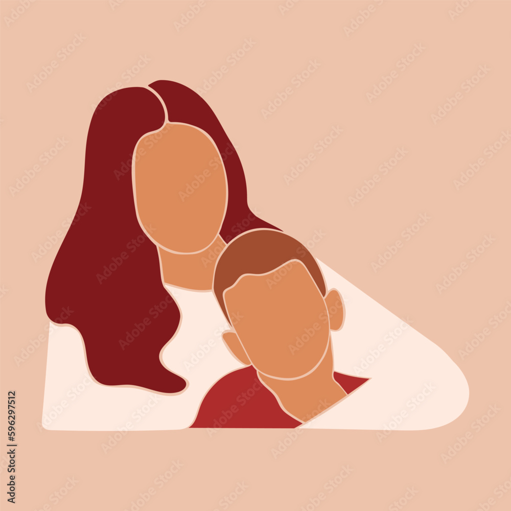 Mother's Day card. Mom hugs her child. Mother hugs her son. Mother's care. Faceless vector illustration. EPS 10 Mother's Day card. Mom hugs her child. Mother hugs her son. Mother's care. Faceless vector illustration. EPS 10