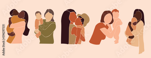 Set of mothers with children for mother's day. Mother's care. Faceless vector illustration. EPS 10