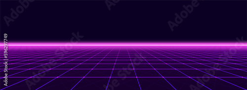 Abstract retro perspective grid. Vector futuristic polygonal background in the style of the 80s and 90s. Detailed wireframe landscape with lines on black background. Digital space with mesh.
