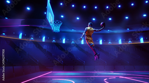 Scoring winning goal. Young man, professional basketball player in yellow uniform jumping, throwing ball into basket on 3D stadium with flashlights. Concept of sport, competition, action and motion © master1305