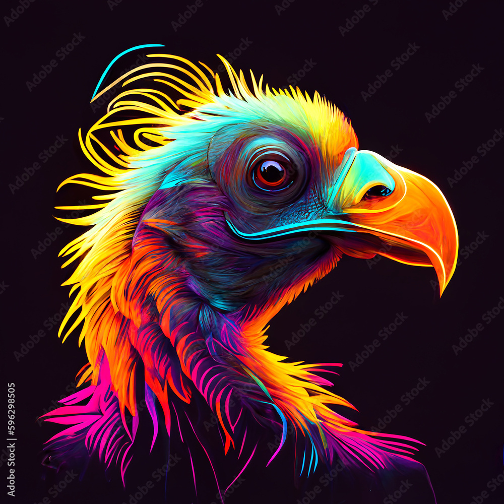 Dodo bird in abstract, graphic highlighters lines rainbow ultra-bright neon artistic portrait, commercial, editorial advertisement, surreal surrealism. Isolated on dark background. Dodo bird in abstract, graphic highlighters lines rainbow ultra-bright neon artistic portrait, commercial, editorial advertisement, surreal surrealism. Isolated on dark background.