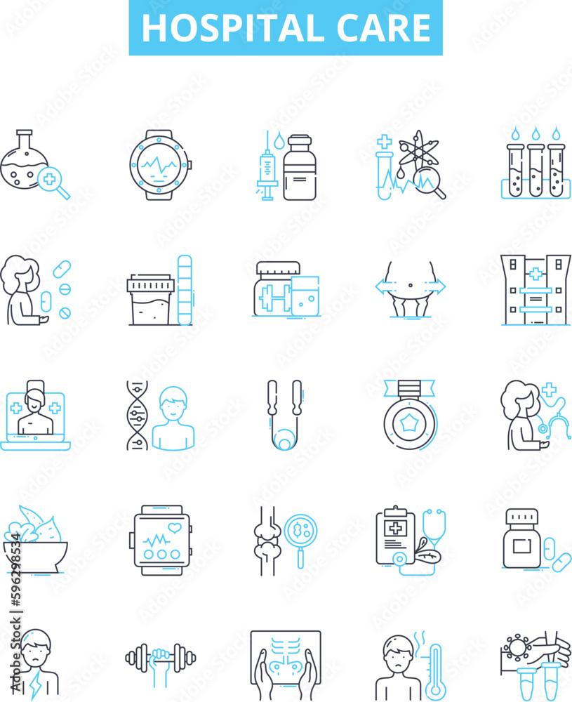 Hospital care vector line icons set. Hospital, Care, Treatment, Nursing, Medicine, Patients, Physician illustration outline concept symbols and signs