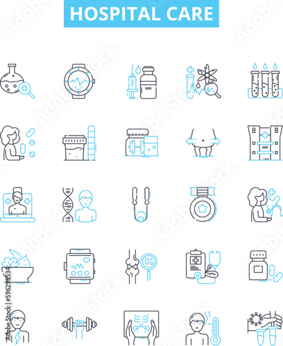 Hospital care vector line icons set. Hospital, Care, Treatment, Nursing, Medicine, Patients, Physician illustration outline concept symbols and signs