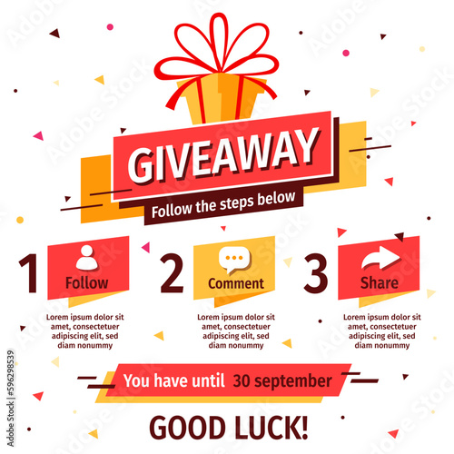 Vector quiz template with illustration of gift box on white color background with word giveaway. Social media design