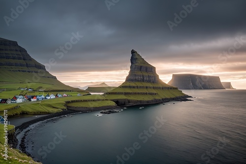Panoramic view into the bay  Faroe Islands Generative AI.