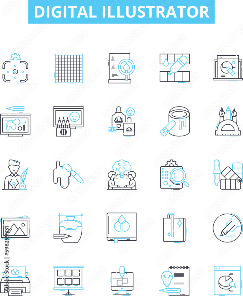 Digital illustrator vector line icons set. Digital, Illustrator, Designer, Artist, Vectors, Graphics, Software illustration outline concept symbols and signs