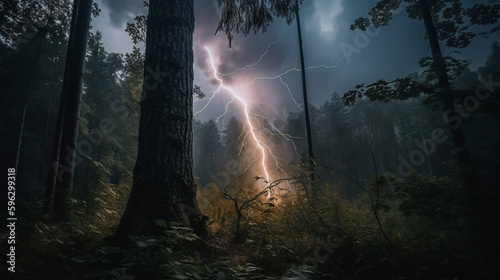 lightning bolt in the forest, ai generated