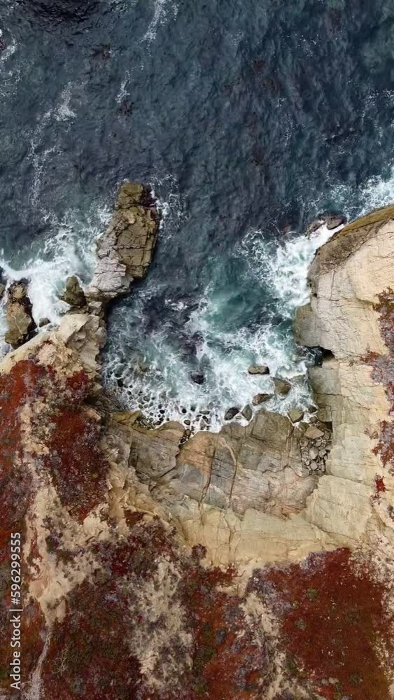 Top Down Drone Shot of Swirling Waves Around Cliffs in Big Sur Top Down Drone Shot of Swirling Waves Around Cliffs in Big Sur