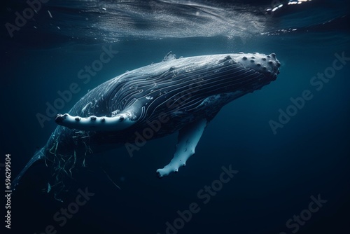 Illustration of whale and plastic in ocean viewed from underneath. Generative AI