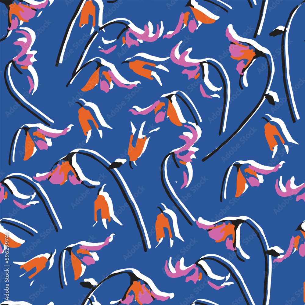 seamless doodle abstract hand drawn flower pattern on blue background
